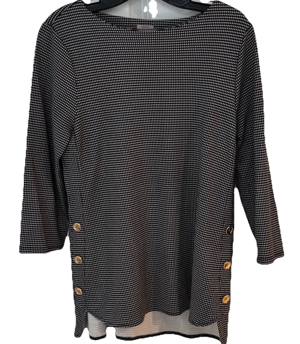 Chico's Houndstooth Tunic Top Black Boat Neck Curved Hem 3/4 Sleeve Size Small